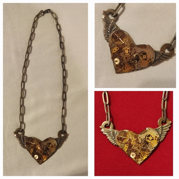 Steampunk Heart Necklace with Wings - Picture 1 of 8